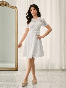 Teens' Round Neck Short Sleeve Cinching Waist Lace Patchwork Dress, Elegant & For Christmas Party