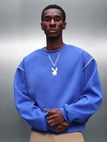 PLAYBOY X SUMWON Men's Crew Neck Pullover Sweatshirt With Contrast Stitching And Graphic Print For Casual Fall Winter Style - Blue - View 2