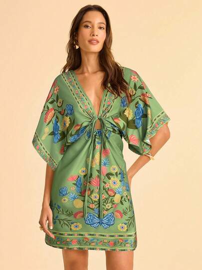 CAJUNI Vestido de vacaciones casual de mujer con estampado retro de tótem, cuello en V, mangas de murciélago, cintura ajustable, vestido corto de vacaciones, beige