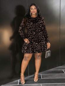 Veslaya Casual Leopard Print Round Neck Long Sleeve Waisted Plus Size Mini Dress, Suitable For Spring & Autumn Cheetah Print Fall - Multicolor - View 6