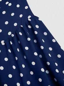 Sweetra 优雅露肩V领蝴蝶结系带休闲度假连衣裙，复古法式风格，波点图案，收腰设计，柔美优雅 - 藏蓝色 - 查看 7