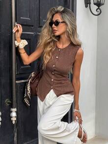 Serisse 女士纯色单排扣圆领休闲百搭背心 - 棕色 - 查看 3