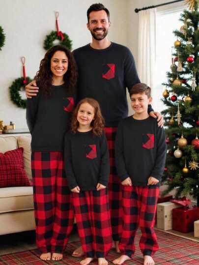 HIMLAND 남성용 격자 무늬 라운드 넥 긴팔 상의 및 바지 잠옷 세트