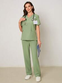 Scrubzie Surgical Gown V-Neck Top & Pants Set - Lime Green - View 4