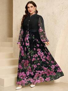 Veilorie Plus Size Elegant Floral Print Dress For Party - Black - View 4
