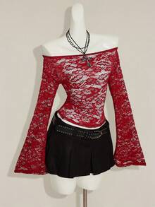 SHEIN ICON 女士露肩蕾丝长袖薄纱衬衫 - 酒紅色 - 查看 6