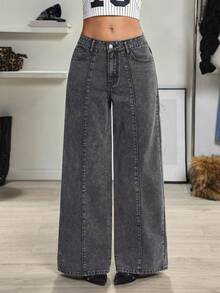 Jeanoix 女士复古直筒宽松休闲时尚百搭中腰牛仔裤 - 黑色 - 查看 1