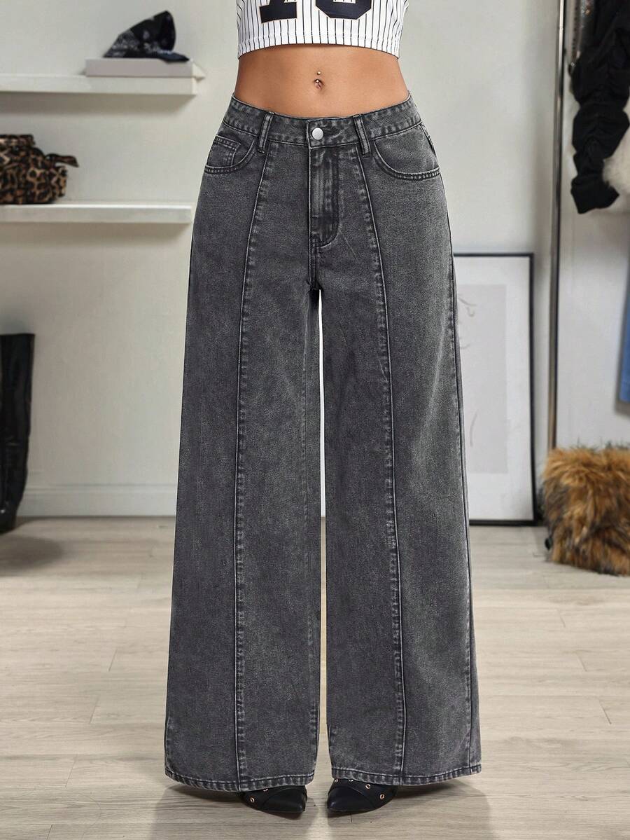 Jeanoix 女士复古直筒宽松休闲时尚百搭中腰牛仔裤 - 黑色 - 查看 1