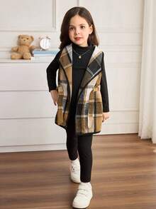 Emery Rose Kids Emery Rose Kids Bộ 3 áo khoác kẻ caro thời trang đô thị cho bé gái, áo phông dài tay, quần dài, thích hợp cho các buổi đi chơi thường ngày, tụ tập, tiệc tùng, kỳ nghỉ, mùa thu/đông - Màu Khaki - Xem 6