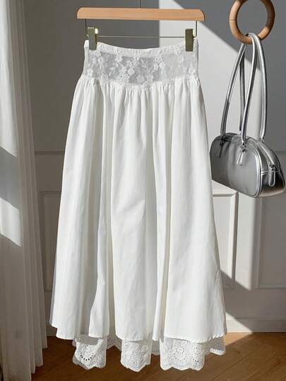 Comfortcana 女士撞色蕾丝腰部百搭A字裙