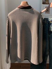 Comfortcana 女士条纹落肩长袖休闲宽松Polo领T恤 女士Polo衫 条纹Polo衫 - 彩色 - 查看 2