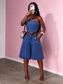 Slaydiva Women's Loose Casual Denim Wide Leg Capri Pants With Pockets - Medium Wash - View 5