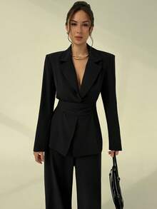 Conjunto de traje de mujer de unicolor con cintura ceñida y hombros regulares - Negro - Ver 5