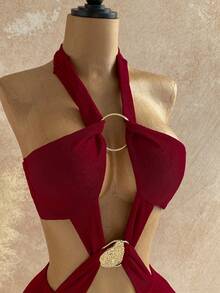 Soleia 新款休闲度假西部海滩婚礼宾客着装毕业早午餐女士服装圣帕特里克节春假复活节音乐节优雅波西米亚热带浪漫情人节圣诞节性感露背吊带酒红色金属镂空连体裤 - 酒紅色 - 查看 5