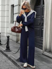 SHEIN LUNE 女士海军蓝条纹披肩领长袖卫衣和松紧腰带口袋裤休闲旅行套装，两件套，女士休闲装。 - 藍色 - 查看 3