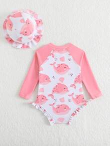 1pc Baby/Baby GirlLong Sleeve One-Piece Swimsuit With Zipper, Cute Bow & Floral Print, Includes Hat - Pink - View 2