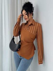 SHEIN Raffinéa Camisa de mujer con diseño de botones con cuello, de estilo de parche a rayas, irregular, con cintura ceñida para estilizar, de manga larga, elegante, casual, cómoda, de trabajo, vintage, de uso diario, para primavera/otoño/invierno - Caqui - Ver 7