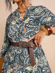 Freevana Plus Size Paisley Print Ruffle Hem Casual Vacation Dress - Dark Green - View 3