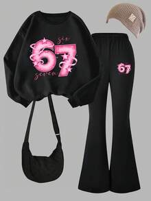 Sparklyn 1 Set Tween Girls Casual Fashionable Minimalist "67" Graphic & Ice Cream Print Long Sleeve Crew Neck Sweatshirt And Flare Pants Outfit, Suitable For Outings, Autumn/Winter - Black - View 1