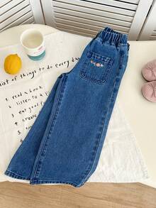 Genkimix Kids Quần jean denim cho bé gái (nhỏ), thời trang mới cá tính ngọt ngào cổ điển dễ thương thêu hoa nhiều màu, quần ống đứng rộng rãi màu xanh, quần denim ngày lễ giản dị phong cách ngọt ngào nữ tính - Màu xanh lam - Xem 3