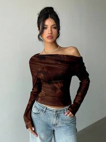Aloruh 女士休闲不对称扭肩T恤，棕色扎染印花T恤，适合日常穿着、通勤和叠穿，秋冬季长袖针织衫，约会优雅之选，棕色上衣，Y2K风格，复古风 - 棕色 - 查看 3