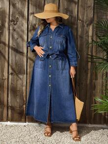 SHEIN LUNE Váy denim xanh đậm không co giãn, thường ngày, cỡ lớn dành cho nữ, mùa thu/đông - Rửa tối - Xem 5