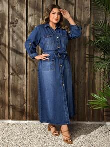 SHEIN LUNE Váy denim xanh đậm không co giãn, thường ngày, cỡ lớn dành cho nữ, mùa thu/đông - Rửa tối - Xem 6
