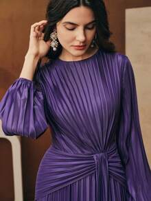 Anewsta 女士优雅长袖圆领褶皱系腰连衣裙 - 黑色 - 查看 7