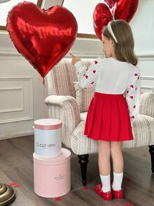 Elladie kids 2pcs/Set Young Girl Spring Autumn Heart Print Long Sleeve Sweatshirt & Pleated Skirt Set, Red Fashionable Outfit For 7th Birthday Valentine's Day - Red - View 2