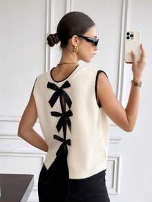 SHEIN Frenchy 女士撞色蝴蝶结装饰无袖针织上衣 - 彩色 - 查看 5