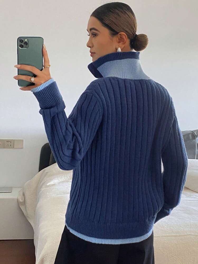 Women's Contrast Color Long Sleeve Button Half Placket Casual Sweater, Autumn/Winter