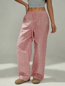 SHEIN PETITE Quần sọc hồng trắng đơn giản dành cho nữ nhỏ nhắn, phù hợp mặc nhà vào mùa xuân và mùa hè - Đỏ - Xem 4