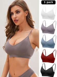 SHEIN 女士實色肋紋內衣胸罩（5件裝） - 彩色 - 查看 7