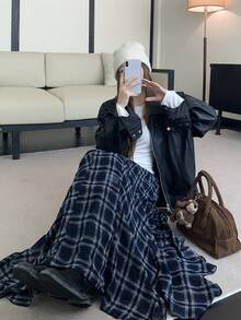 DAZY 女士格子A字休闲宽松长裙 春季 - 藍色 - 查看 3