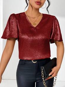 Rafferiza Metallic V-Neck Blouse For New Year Holiday Party Clothes - Red - View 5