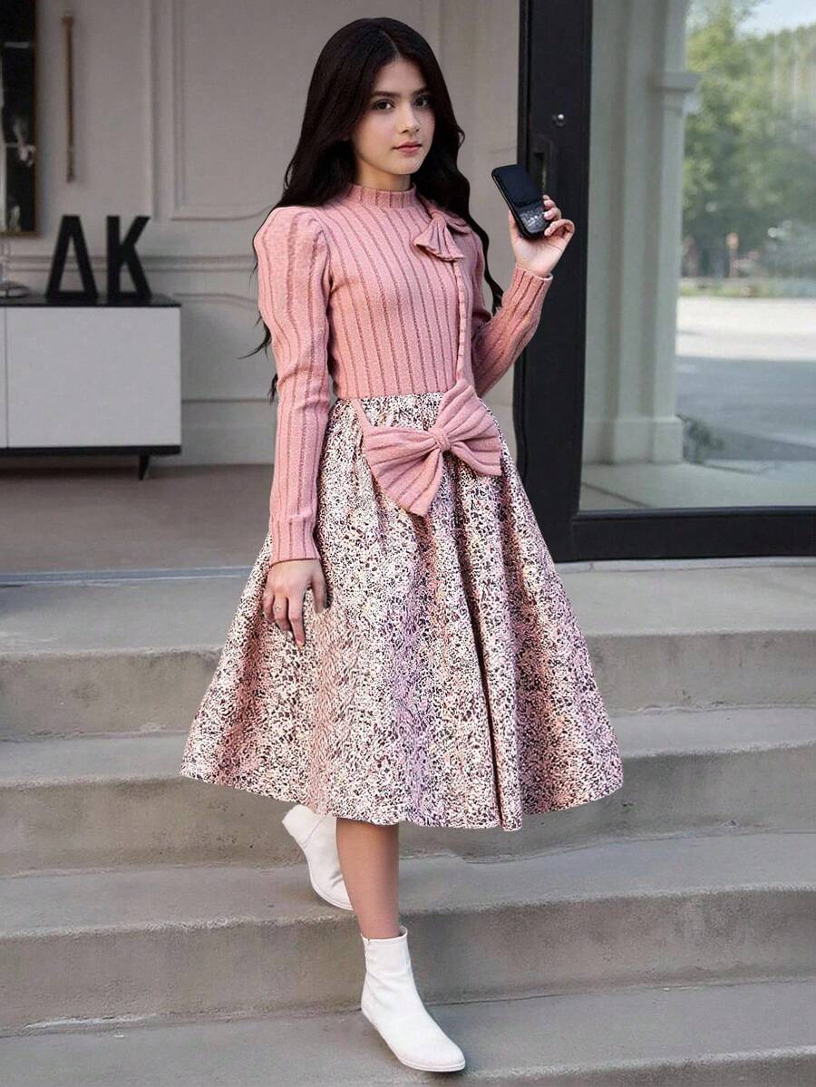 Tween Girl Floral Patchwork Bow Decor Dress Fall Winter