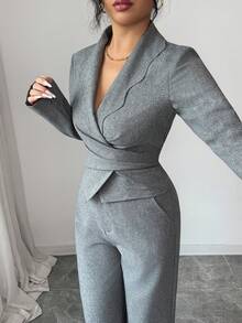 Modelyn 女士灰色编织花瓣领交叉裹身系带长袖两件套 - 灰色 - 查看 3