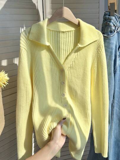 SHEIN EZwear كارديجان كاجوال مضفر أصفر بأكمام طويلة وأزرار فردية للنساء ذوات الحجم الكبير