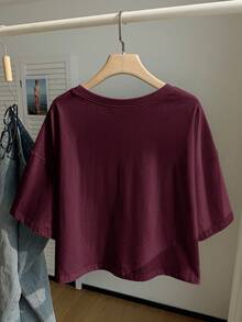 SHEIN EZwear Wine Red Solid Color Dropped Shoulder Casual Plus Size T-Shirt - Burgundy - View 2