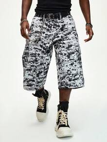 ROMWE MEN Men's Loose Fit Camouflage Denim Shorts - Black and White - View 1