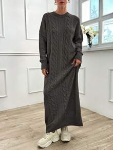 EURMUSE Autumn/Winter Casual Solid Color Lantern Sleeve Dropped Shoulder Loose Long Sweater Dress - Dark Grey - View 5