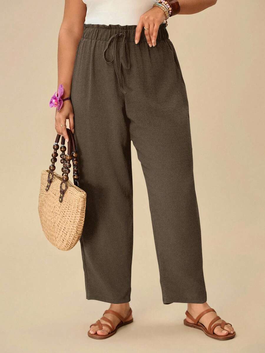 Travachic بنطلون نسائي بحجم كبير، لون أحادي، مناسب للعطلات والتنقل اليومي، بخصر مربوط وساق مستقيمة فضفاضة