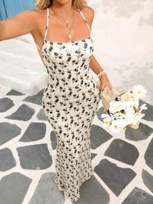 Vivid Eden Women Swing Neck Large Open Back Holiday Print Knit Long Dress,Summer Dresses For Women,Backless Dress - Multicolor - View 6