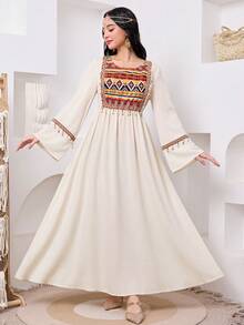 SHEIN Teen Girls' Spring/Summer New Woven Patchwork Print Tassel Casual Long Sleeve Dress, Traditional Robe, Traditional Arabic Clothing, Kaftan, Jalabiya, Abaya Robe, Ramadan, Matching Sisters, Mother-Daughter Matching - Apricot - View 6