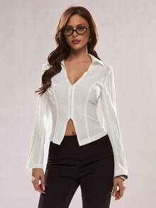 Glamine Elegant Minimalist High-End White Shirt Collar Open Front Button Long Sleeve Jacket For Women, Spring/Autumn - White - View 4