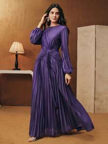 Anewsta 女士优雅长袖圆领褶皱系腰连衣裙 - 黑色 - 查看 3