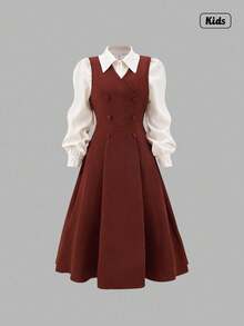 Sweetra 1 套（衬衫 + 连衣裙）少女优雅编织长袖领衬衫和休闲中长编织无袖连衣裙 - 咖啡棕 - 查看 1