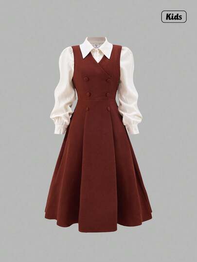 Sweetra 1 套（衬衫 + 连衣裙）少女优雅编织长袖领衬衫和休闲中长编织无袖连衣裙