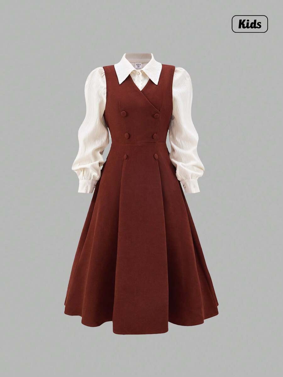 Sweetra 1 套（衬衫 + 连衣裙）少女优雅编织长袖领衬衫和休闲中长编织无袖连衣裙 - 咖啡棕 - 查看 1