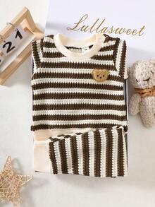 SHEIN 新生男宝宝黑白条纹圆领长袖泰迪熊图案上衣，搭配同色裤子，时尚休闲，简约可爱